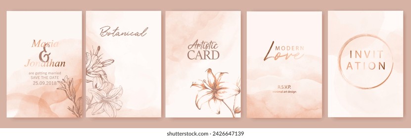 Beige, pink watercolor soft backgrounds with hand drawn lilies, flowers. Gift cards, wedding, branding, cover template. Spring natural design.