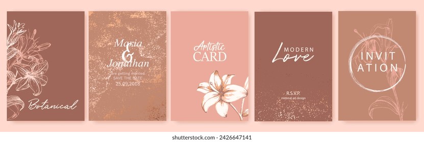 Beige, pink watercolor soft backgrounds with hand drawn lilies, flowers. Gift cards, wedding, branding, cover template. Spring natural design.