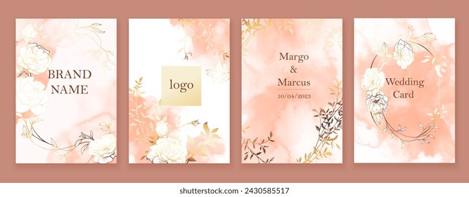 Beige, pink watercolor soft backgrounds with hand drawn roses, leaves, flowers. Gift cards, wedding, branding, cover template. Spring natural design.