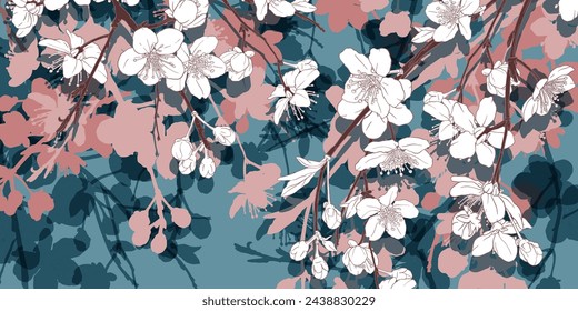Fondo suave beige, rosa, blanco, azul con flores de cerezo dibujadas a mano, ramas, flores de sakura. Tarjetas de regalo, boda, marca, plantilla de portada. Diseño natural de primavera. Papel pintado.
