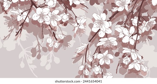 Beige, pink, white watercolor soft background with hand drawn cherry blossoms, branches, sakura flowers. Gift cards, weddind, branding, cover template. Spring natural design. Wallpaper.