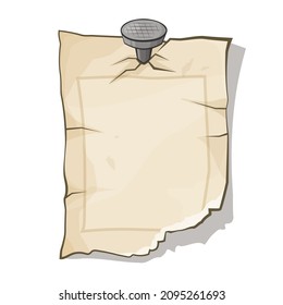 Beige pinned by nail old torn sheet of paper on a white background with outline. A rustic note for westerns. Template with place for text. Vector illustration