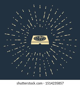 Beige Pizza in cardboard box icon isolated on dark blue background. Box with layout elements. Abstract circle random dots. Vector Illustration