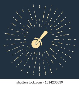 Beige Pizza knife icon isolated on dark blue background. Pizza cutter sign. Steel kitchenware equipment. Abstract circle random dots. Vector Illustration