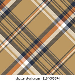 Beige plaid tartan diagonal seamless fabric texture. Vector illustration.