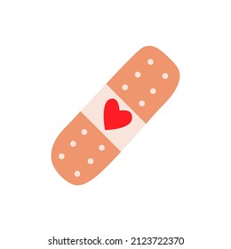 beige plaster with red heart. adhesive bandage symbol. waterproof sticking plaster sign. first aid kit element. concept of wound medical treatment. flat simple emblem on white background