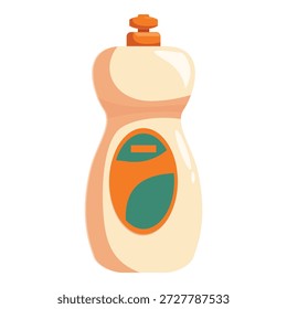Botella plástica beige del líquido de lavavajillas con el casquillo anaranjado y la etiqueta colorida, aislada en el fondo blanco