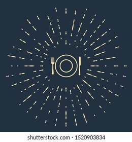 Beige Plate, fork and knife icon isolated on dark blue background. Cutlery symbol. Restaurant sign. Abstract circle random dots. Vector Illustration