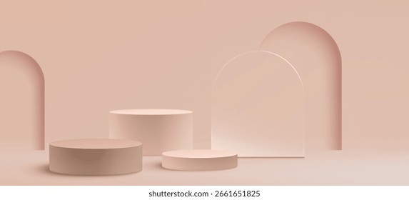Composición de podio beige con plataformas de tres cilindros y fondo de arco. Expositor minimalista en crema para presentación de productos con pedestales circulares. Diseño de escenario elegante para el anuncio de belleza de lujo.