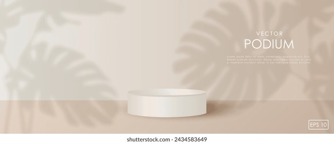 Beige podium mockup with shadows from monstera leaves. Studio showroom pedestal, showcase mockup stage. 3d vector podium for product presentation.