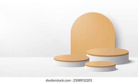 Beige podium platform to show product on white background. White minimal scene for product display presentation. Vector illustration
