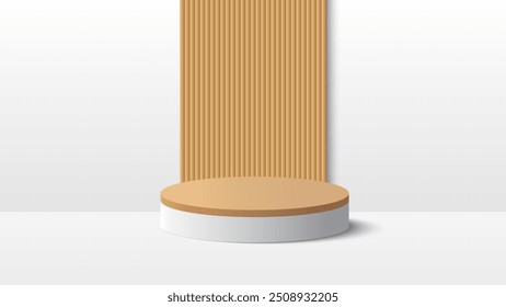 Plataforma de podio beige para mostrar el producto sobre fondo blanco. Escena mínima blanca para la presentación de la exhibición del producto. Ilustración vectorial