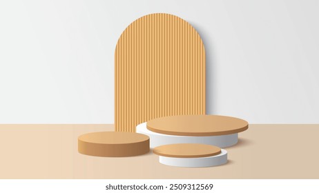 Beige podium platform to show product on white background. White minimal scene for product display presentation. Vector illustration