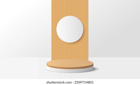 Beige podium platform to show product on white background. White minimal scene for product display presentation. Vector illustration