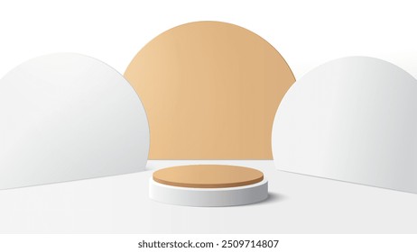 Beige podium platform to show product on white background. White minimal scene for product display presentation. Vector illustration