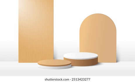 Beige podium platform to show product on white background. White minimal scene for product display presentation. Vector illustration
