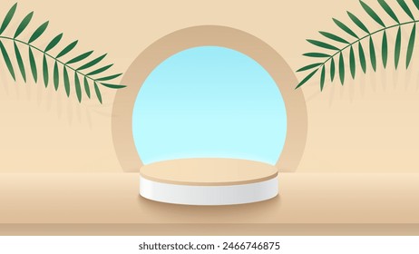 Podio beige para la presentación de la exhibición del producto. Plataforma de podio para mostrar producto con hojas verdes sobre fondo blanco. Ilustración vectorial