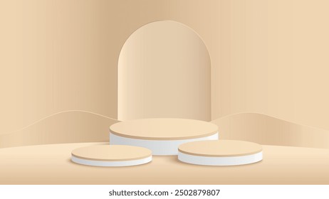 Beige podium to show product with circle background. Beige minimal scene for product display presentation. Vector illustration