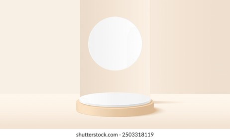 Beige podium to show product with circle background. Beige minimal scene for product display presentation. Vector illustration