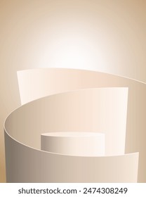 Beige podium stage. Realistic 3d vector round cylindrical pedestal mockup with modern curve decorative elements. Elegant background for promoting women beauty products and cosmetics presentations