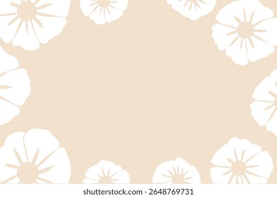 Beige poppy flower frame vector illustration with white floral design on beige background, place for a text