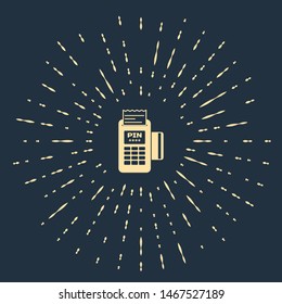 Beige POS terminal with inserted credit card and printed reciept icon isolated on dark blue background. NFC payment concept. Abstract circle random dots. Vector Illustration