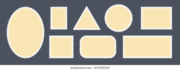 Beige postage stamps set. Post stamp frames and borders. Ellipse, triangle, rectangle template for mail, postcard, letter, note. Jagged wavy edge forms. Vector zigzag objects for badge, sticker, photo