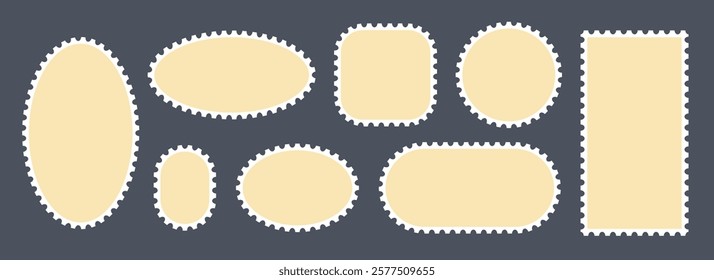 Beige postage stamps set. Post stamp frames and borders. Ellipse and rectangle template for mail, postcard, letter, note. Jagged wavy edge forms. Vector zigzag objects for badge, sticker, photo