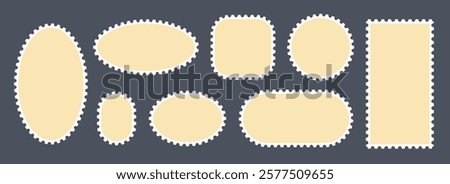 Beige postage stamps set. Post stamp frames and borders. Ellipse and rectangle template for mail, postcard, letter, note. Jagged wavy edge forms. Vector zigzag objects for badge, sticker, photo