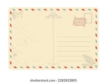 Beige postcard or envelope. Letter and mail with postmarks and stamps. Business correspondence and international communication, interaction. Cartoon flat vector illustration
