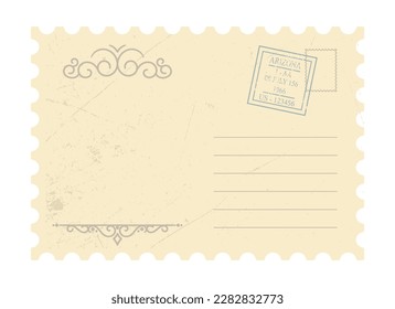 Beige postcard or envelope. Traditional, vintage and antique mail. Travel postcard template. Postmark, seal and stamp. Business correspondence. Cartoon flat vector illustration