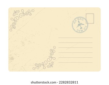 Beige postcard or envelope. Vintage letter and mail, postmark. Symbol of postal message, post mail, email or business document. Template, layout and mock up. Cartoon flat vector illustration