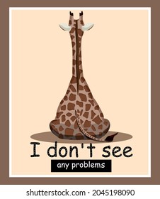 Beige poster with a giraffe sitting on its back. Relax. Frame. Painting. Flat style. Herbivore. Predator. Zoo. Cartoon. Cute. Orange Color. Stock Vector Illustration. Background	