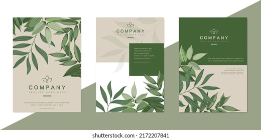 Beige posters set with green leaves. Design template for company organic bio logo, natural and eco products, cosmetic, pharmacy, medicine. Vector EPS10