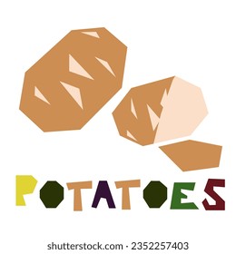Beige potatoes, whole and peeled, are highlighted on a white background. The original signature is potato. Products from the farmer's market, organic food. Geometric stylized flat vector illustration