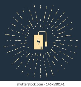 Beige Power bank with different charge cable icon isolated on dark blue background. Portable charging device. Abstract circle random dots. Vector Illustration