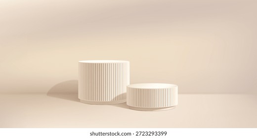 Producto beige podium, sombra bg. Pilar de mármol 3d en limbo ligero. Elegante estudio de exhibición premium estriado. Suave gobo reflector sobre plataforma blanca de ramadán. Podium cosmético de crema de dos niveles, etapa abstracta