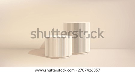 Beige product podium, shadow bg. Marble 3d pillar in light limbo. Soft spotlight gobo on white ramadan platform. Elegant fluted premium display studio. Two level cream cosmetic poduim, abstract stage