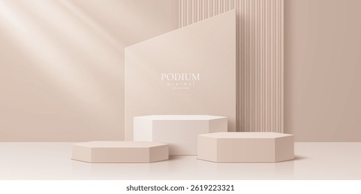 Beige product podium stage with soft shadows and geometric shapes. Realistic 3d vector platform for product display or branding mockups. Elegant pedestals, presentation setup with subtle lighting