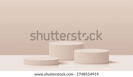 Beige product podium stage with soft shadows. Realistic 3D vector platform for product display. Elegant cylinder pedestals.
