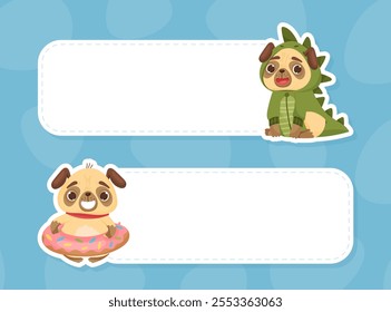 Beige Pug Puppy Dog Character with Funny Snout Note Card Vector Template