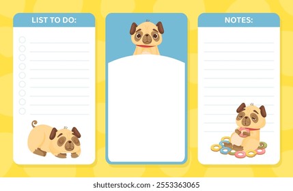 Beige Pug Puppy Dog Character with Funny Snout Note List Card Vector Template