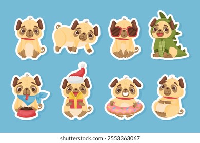 Beige Pug Puppy Dog Character with Funny Snout Vector Set