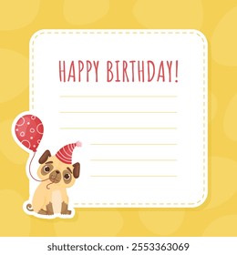 Beige Puppy Hund Zeichen mit lustigen Schnauze Happy Birthday Hinweis Karte Vektor Vorlage