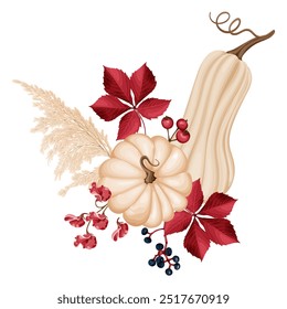 A beige pumpkin with burgundy leaves and red berries, surrounded by autumnal foliage, creating a festive and seasonal decoration perfect for Thanksgiving or fall-themed designs. Vector illustration.