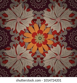 Beige, purple and neutral stained glass vitrage. Seamless pattern morrocan ornament. Islamic vector oriental background with abstract flowers. Floral textile print.