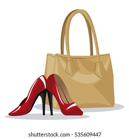 beige purse and red heel wo