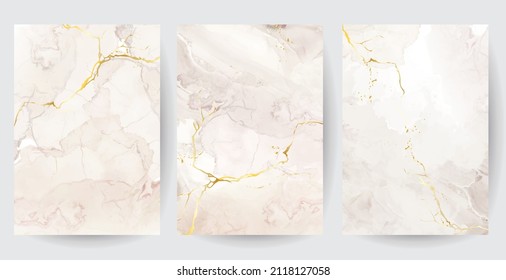 Beige quartz geode vector design frame. Stylish taupe brown texture card. Gold cracks. Kintsugi art. Natural stone.Trendy wedding invitation. Dye splash style. Alcohol ink. Isolated and editable