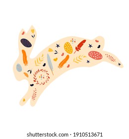 Beige rabbit silhouette with small elements in the Scandinavian style, folk. Vector illustration of the Easter bunny