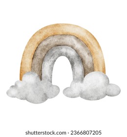 Arcoiris beige con nubes. Ilustración Cute baby Watercolor. Aislado. Diseño de logotipo, artículos para niños, ropa, textiles, postales, ducha para bebés y habitación para niños